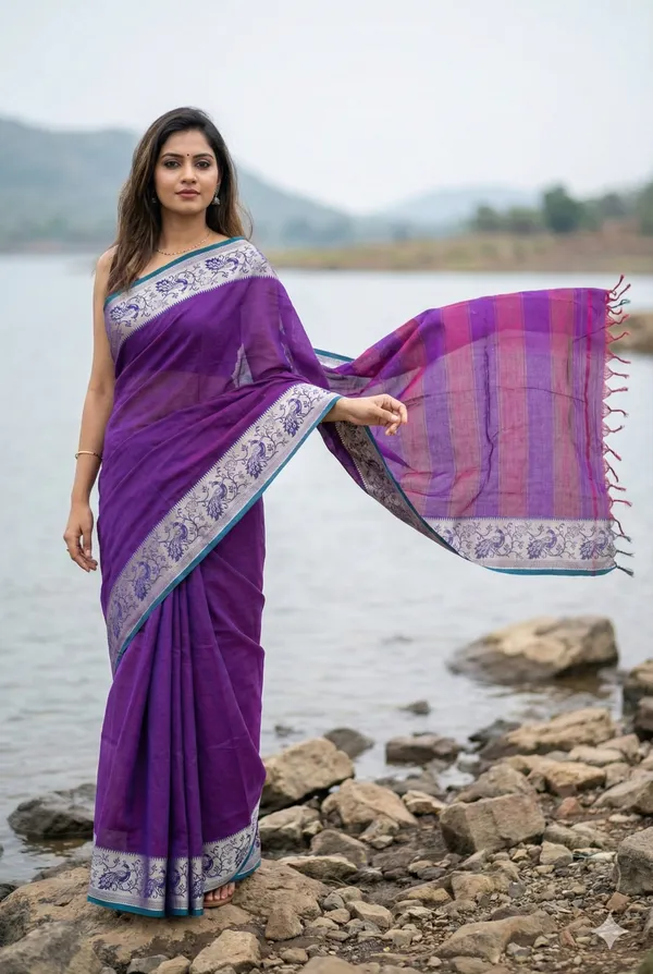 Maroon_100%_Cotton_Peocock_Border_Saree_For_Women