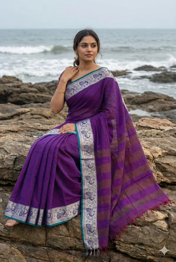 Maroon_100%_Cotton_Peocock_Border_Saree_For_Women