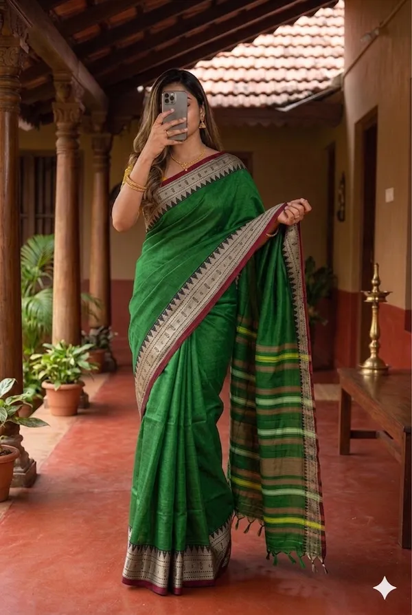 Mehendi_Cotton_Fish_Border_Naraynpets_Saree_For_Women
