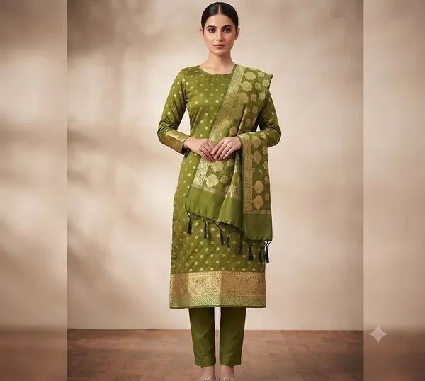 Mehendi_Banarasi_Cotton_Silk_Unstitched_Suit_With_Dupatta_For_Women