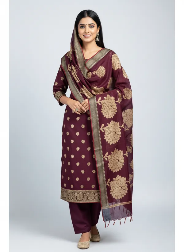 Chocolate_Brown_Banarasi_Women's_Unstitched_Suit_Material_With_Dupatta_For_Women