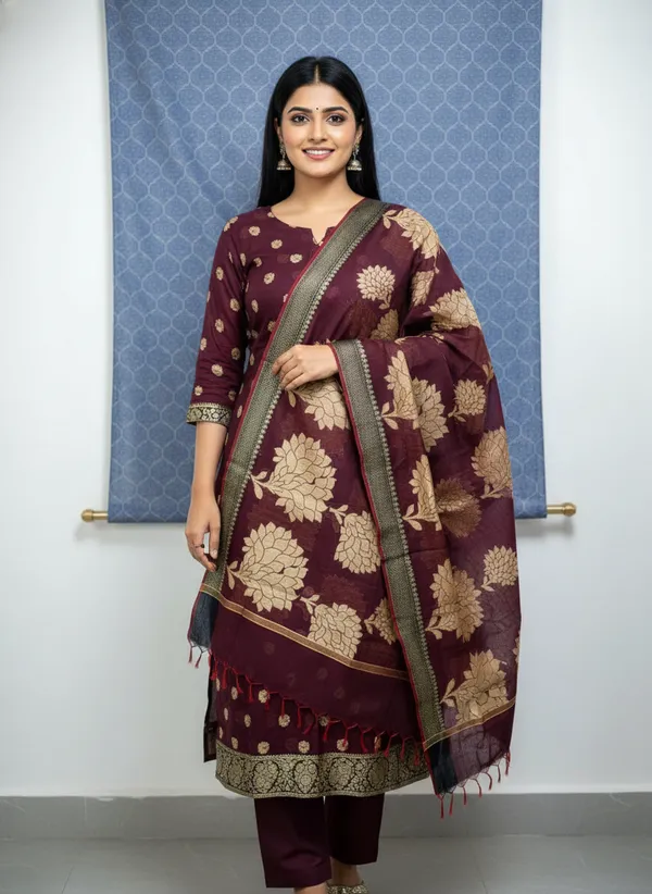 Chocolate_Brown_Banarasi_Women's_Unstitched_Suit_Material_With_Dupatta_For_Women