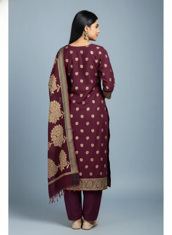Chocolate_Brown_Banarasi_Women's_Unstitched_Suit_Material_With_Dupatta_For_Women