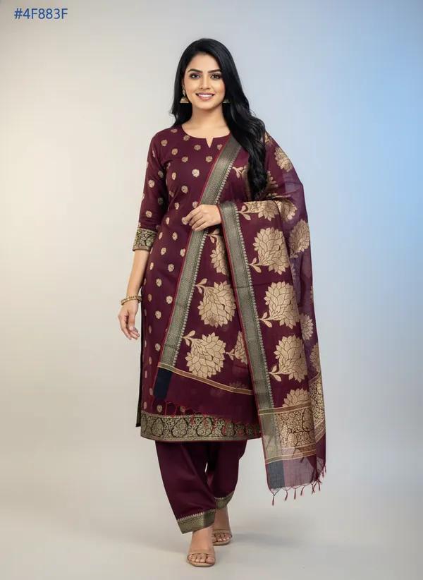 Chocolate_Brown_Banarasi_Women's_Unstitched_Suit_Material_With_Dupatta_For_Women