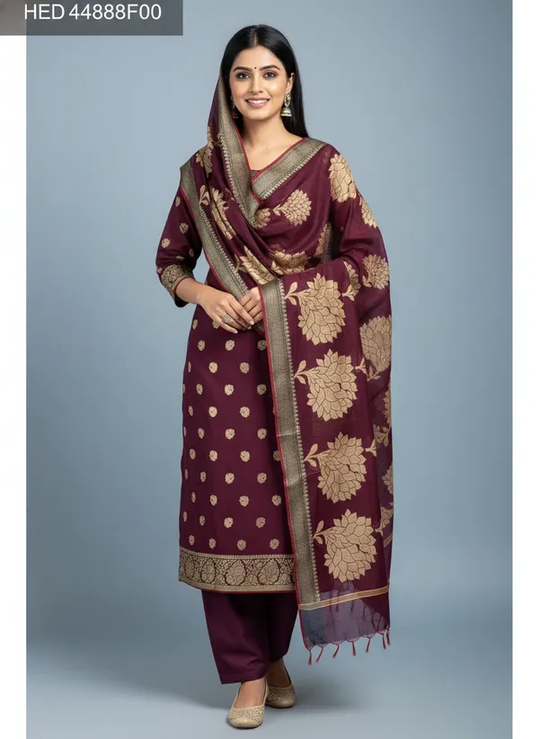 Chocolate_Brown_Banarasi_Women's_Unstitched_Suit_Material_With_Dupatta_For_Women