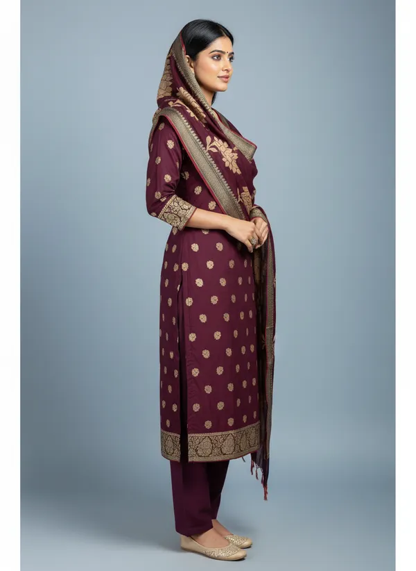 Chocolate_Brown_Banarasi_Women's_Unstitched_Suit_Material_With_Dupatta_For_Women