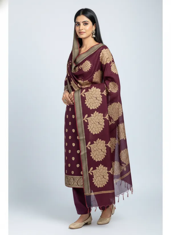 Chocolate_Brown_Banarasi_Women's_Unstitched_Suit_Material_With_Dupatta_For_Women