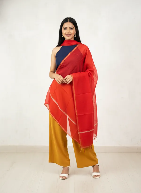 Red_Banarasi_Plain_Dupatta_with_Zari_Border_for_Women_|_Lightweight_Traditional_Ethnic_Dupatta