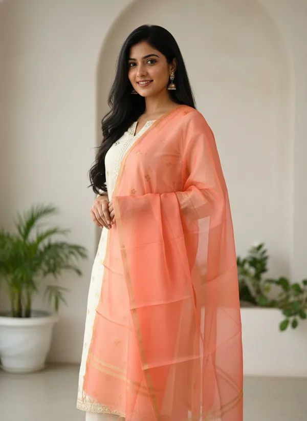 Peach_Banarasi_Plain_Dupatta_with_Zari_Border_for_Women_|_Lightweight_Traditional_Ethnic_Dupatta