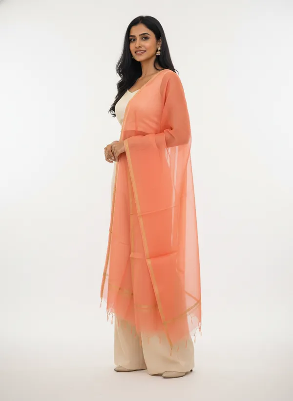 Peach_Banarasi_Plain_Dupatta_with_Zari_Border_for_Women_|_Lightweight_Traditional_Ethnic_Dupatta