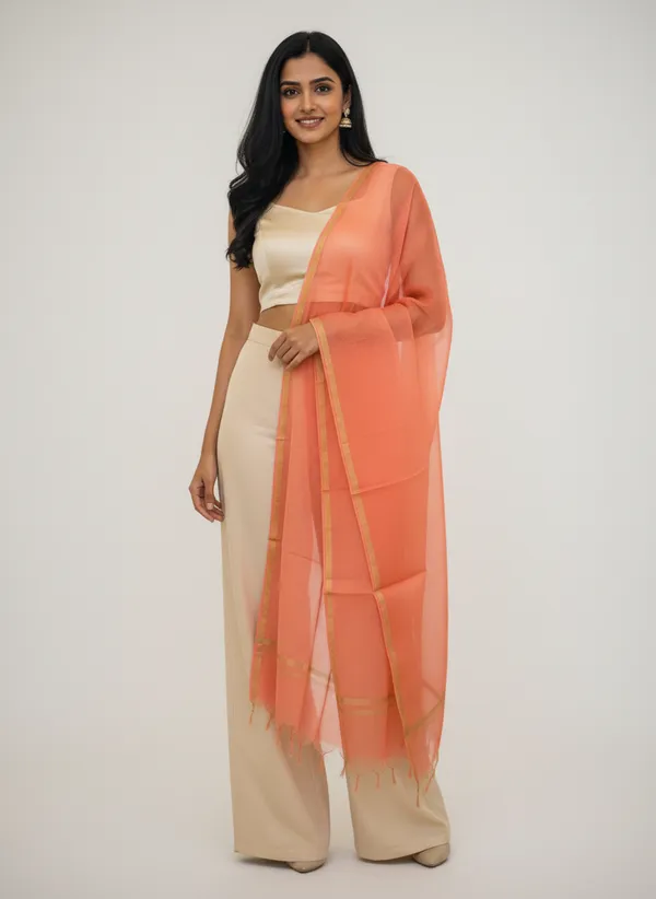 Peach_Banarasi_Plain_Dupatta_with_Zari_Border_for_Women_|_Lightweight_Traditional_Ethnic_Dupatta