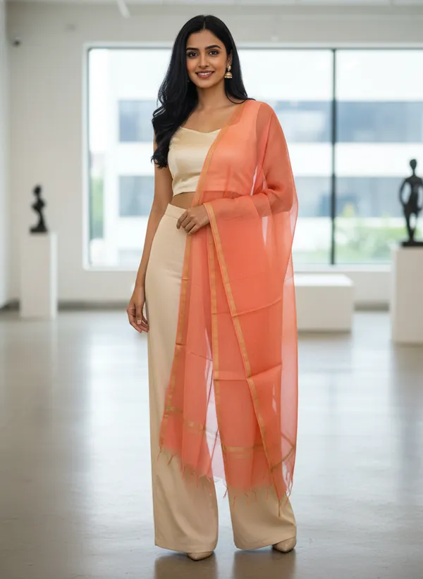 Peach_Banarasi_Plain_Dupatta_with_Zari_Border_for_Women_|_Lightweight_Traditional_Ethnic_Dupatta
