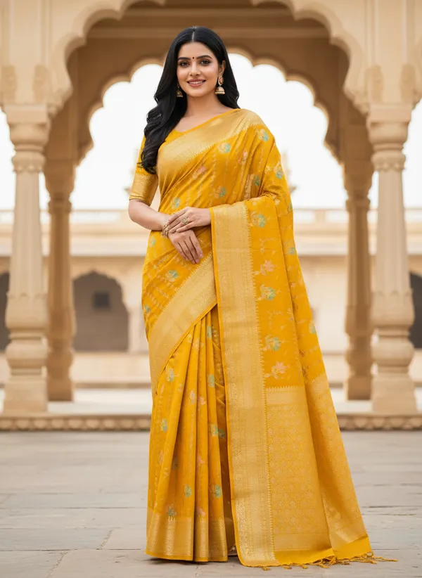 Musturd_Banarasi_Silk_Meena_Work_Zari_Weaved_Saree