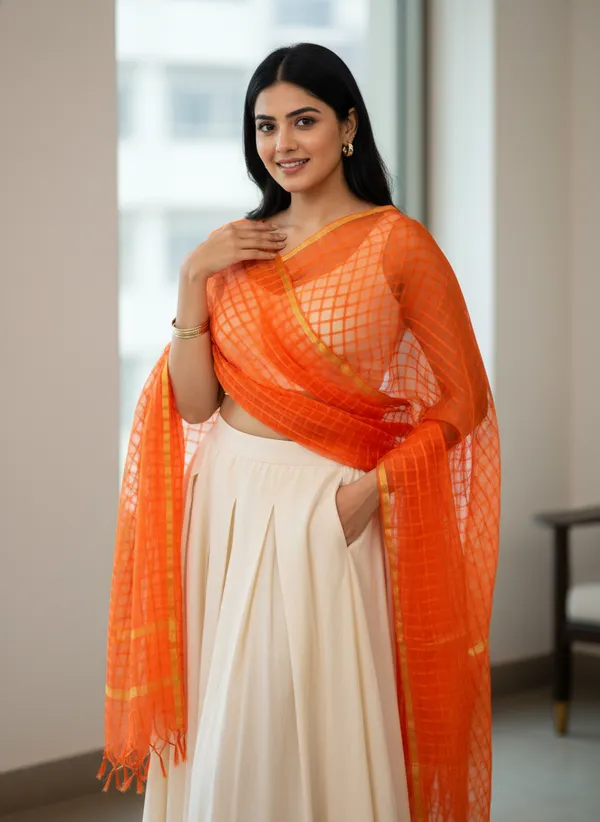 Orange_Banarasi_Bada_Check_/_Self-Color_Checkered_Dupatta_For_Women