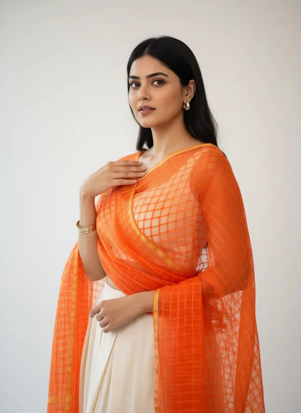 Orange_Banarasi_Bada_Check_/_Self-Color_Checkered_Dupatta_For_Women