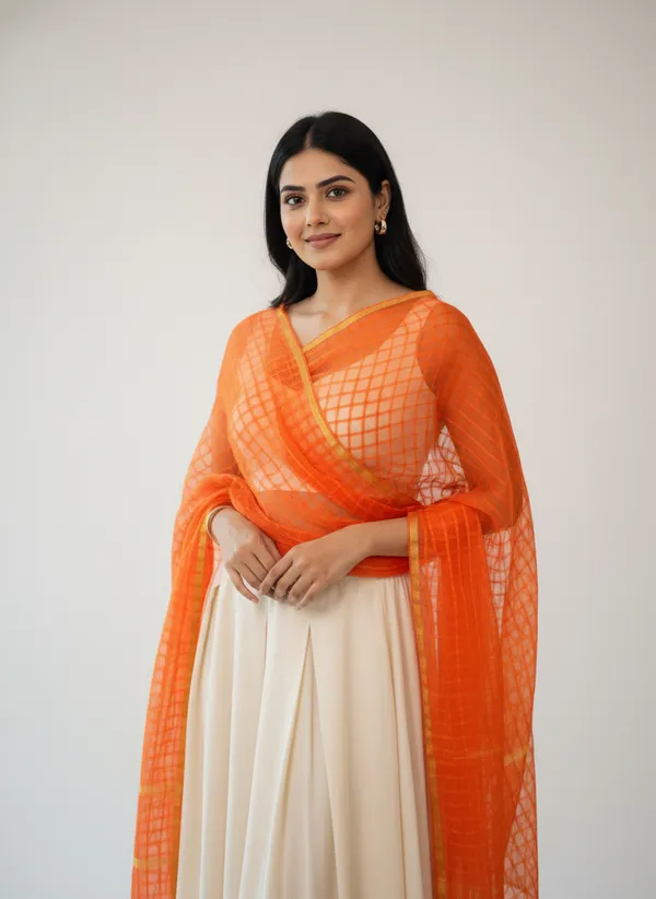 Orange_Banarasi_Bada_Check_/_Self-Color_Checkered_Dupatta_For_Women