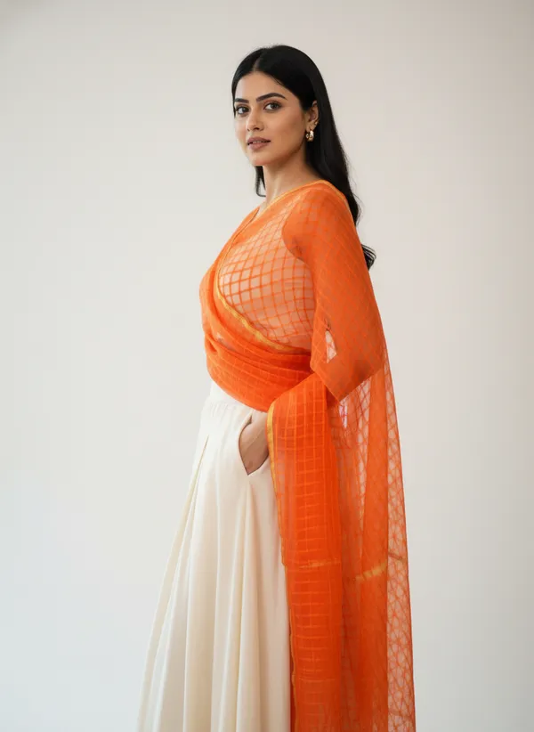 Orange_Banarasi_Bada_Check_/_Self-Color_Checkered_Dupatta_For_Women