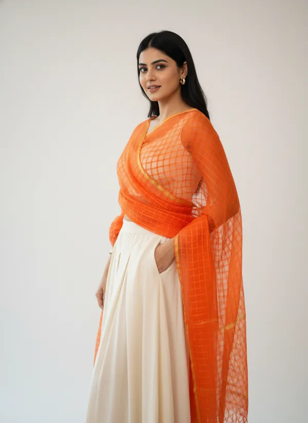 Orange_Banarasi_Bada_Check_/_Self-Color_Checkered_Dupatta_For_Women