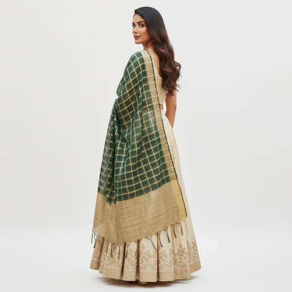 Bottle_Green_Banarasi_Thread_Work_Checkered_Dupatta_For_Women