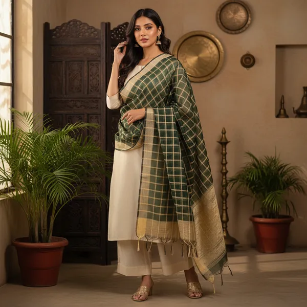 Bottle_Green_Banarasi_Thread_Work_Checkered_Dupatta_For_Women