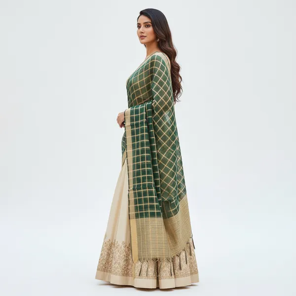 Bottle_Green_Banarasi_Thread_Work_Checkered_Dupatta_For_Women