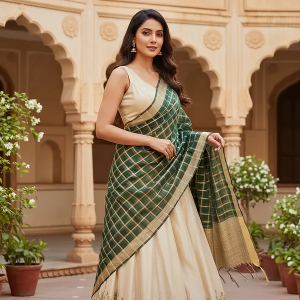 Bottle_Green_Banarasi_Thread_Work_Checkered_Dupatta_For_Women