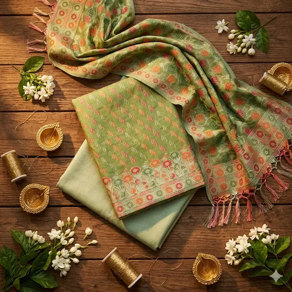Green_Unstitched_Suit_Fabric_|_Cotton_Silk_Dress_Material_with_Thread_Weaving