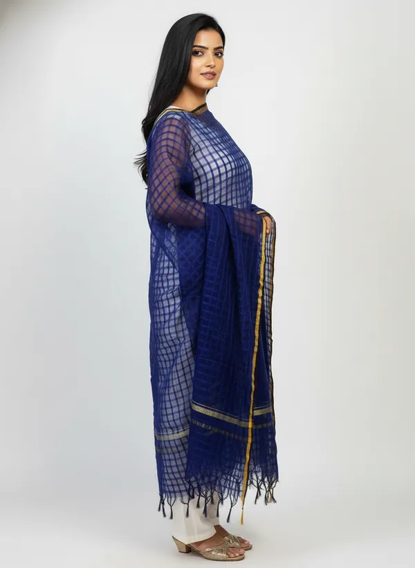 Navy_Banarasi_Bada_Check_/_Self-Color_Checkered_Dupatta_For_Women