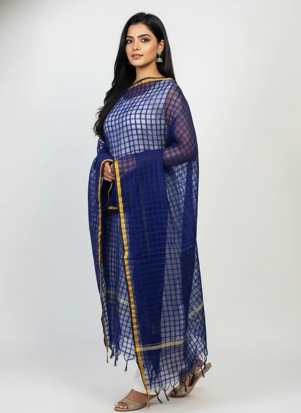 Navy_Banarasi_Bada_Check_/_Self-Color_Checkered_Dupatta_For_Women