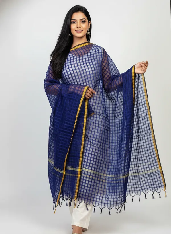 Navy_Banarasi_Bada_Check_/_Self-Color_Checkered_Dupatta_For_Women