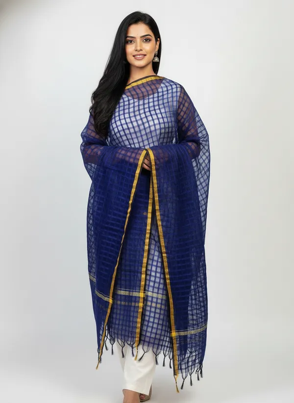 Navy_Banarasi_Bada_Check_/_Self-Color_Checkered_Dupatta_For_Women
