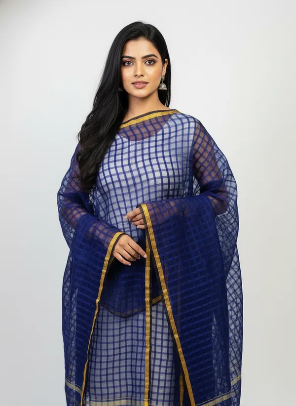 Navy_Banarasi_Bada_Check_/_Self-Color_Checkered_Dupatta_For_Women