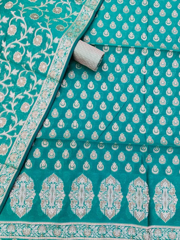 Sea_Green_Banarasi_Cotton_Thread_Work_Unstitched_Suit_Fabric_with_Dupatta_For_Women