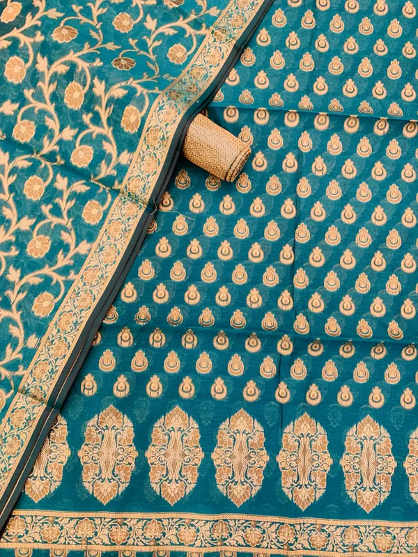 Teal_Green_Banarasi_Cotton_Thread_Work_Unstitched_Suit_Fabric_with_Dupatta_For_Women
