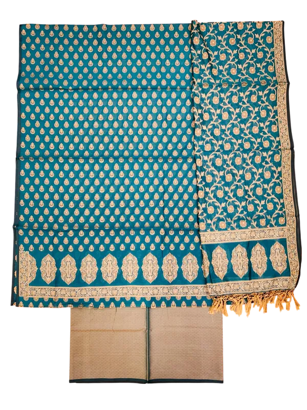 Teal_Green_Banarasi_Cotton_Thread_Work_Unstitched_Suit_Fabric_with_Dupatta_For_Women