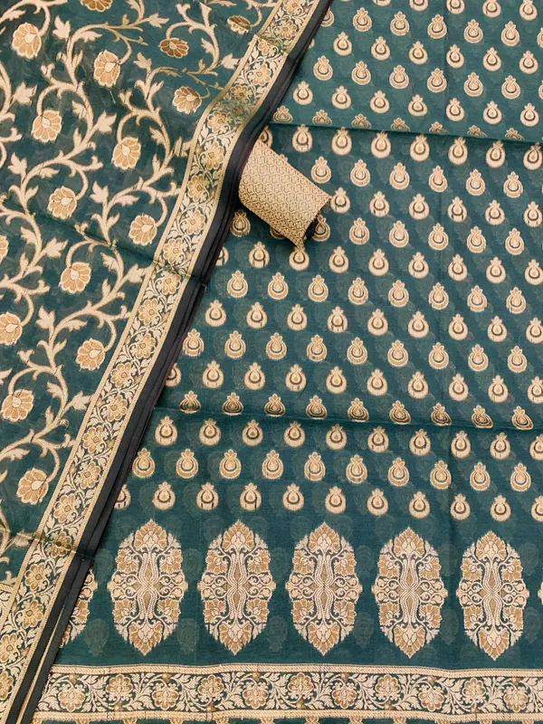 Bottle_Green_Banarasi_Cotton_Thread_Work_Unstitched_Suit_Fabric_with_Dupatta_For_Women