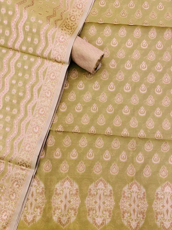 Mehendi_Banarasi_Cotton_Thread_Work_Unstitched_Suit_Fabric_with_Dupatta_For_Women