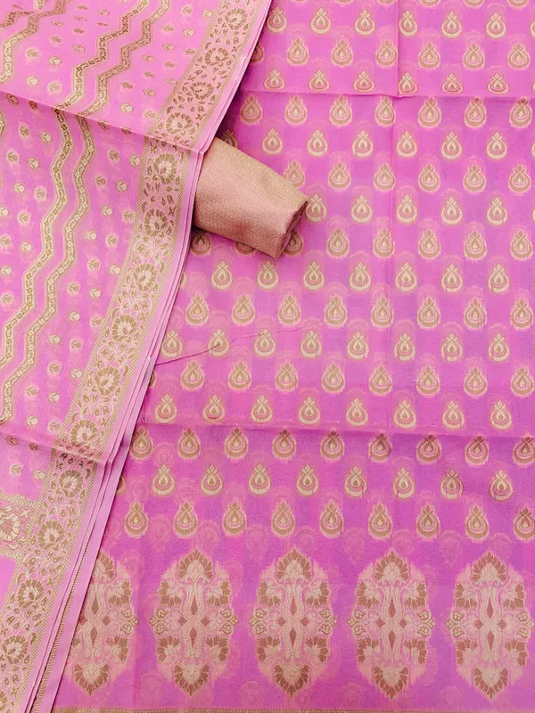 Pink_Banarasi_Cotton_Thread_Work_Unstitched_Suit_Fabric_with_Dupatta_For_Women