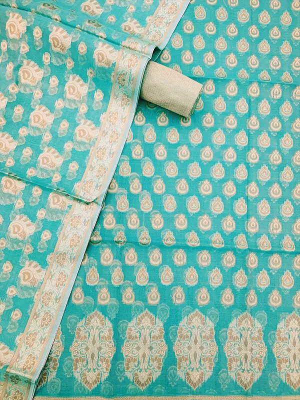 Sea_Green_Banarasi_Cotton_Thread_Work_Unstitched_Suit_Fabric_with_Dupatta_For_Women