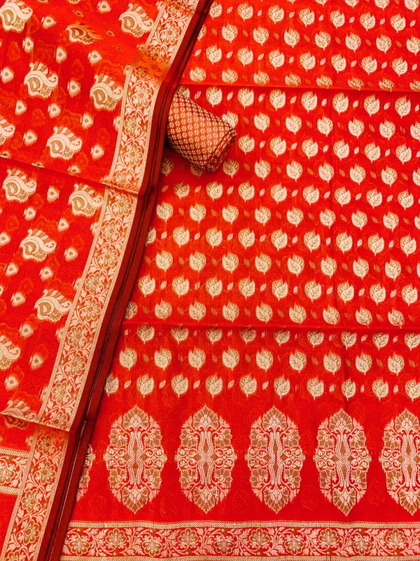 Red_Banarasi_Cotton_Thread_Work_Unstitched_Suit_Fabric_with_Dupatta_For_Women