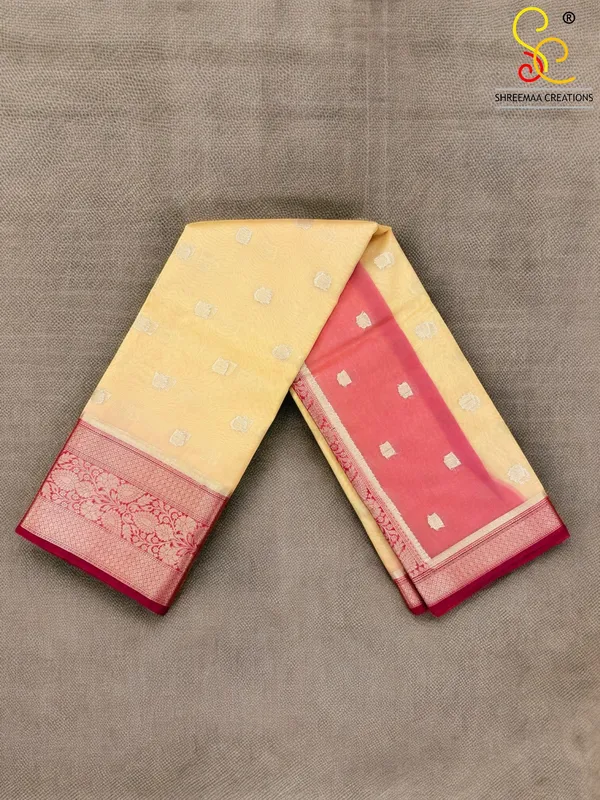 Lime_Yellow_Beige_&_Red_Contrast_Kora_Banarasi_Saree_with_Blouse_For_Women
