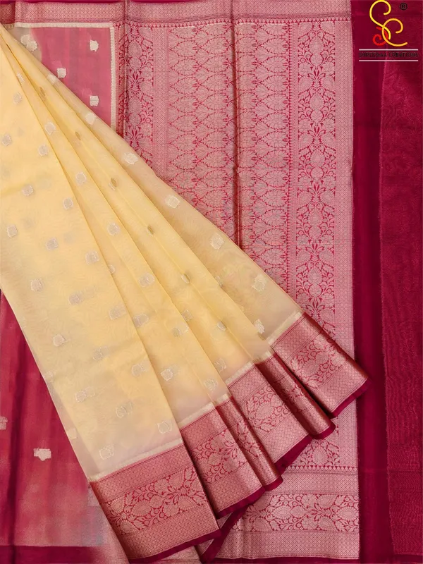 Lime_Yellow_Beige_&_Red_Contrast_Kora_Banarasi_Saree_with_Blouse_For_Women