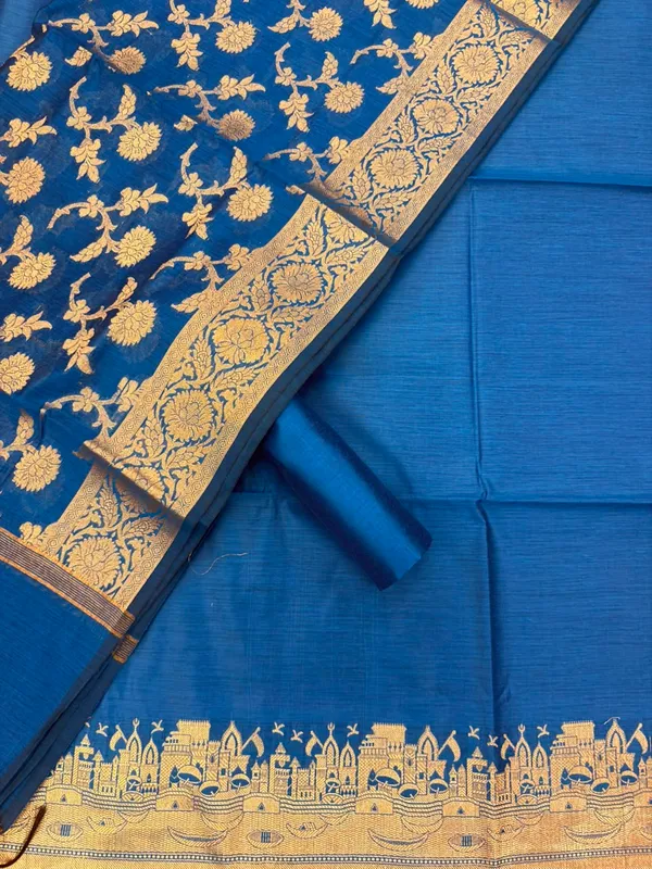 Peacockblue_Banarasi_Unstitched_Suit_Fabric_|_Cotton_Silk_Dress_Material_with_Zari_Weaving