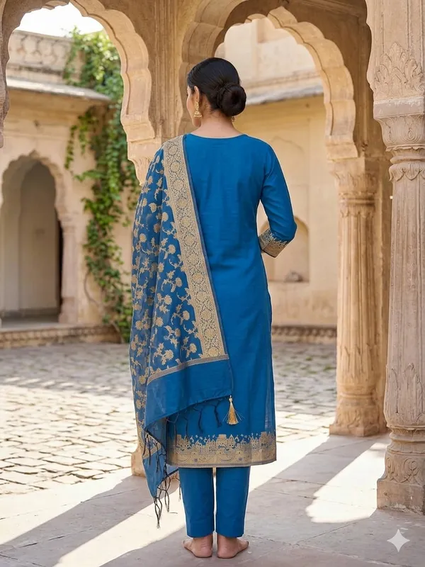 Peacockblue_Banarasi_Unstitched_Suit_Fabric_|_Cotton_Silk_Dress_Material_with_Zari_Weaving