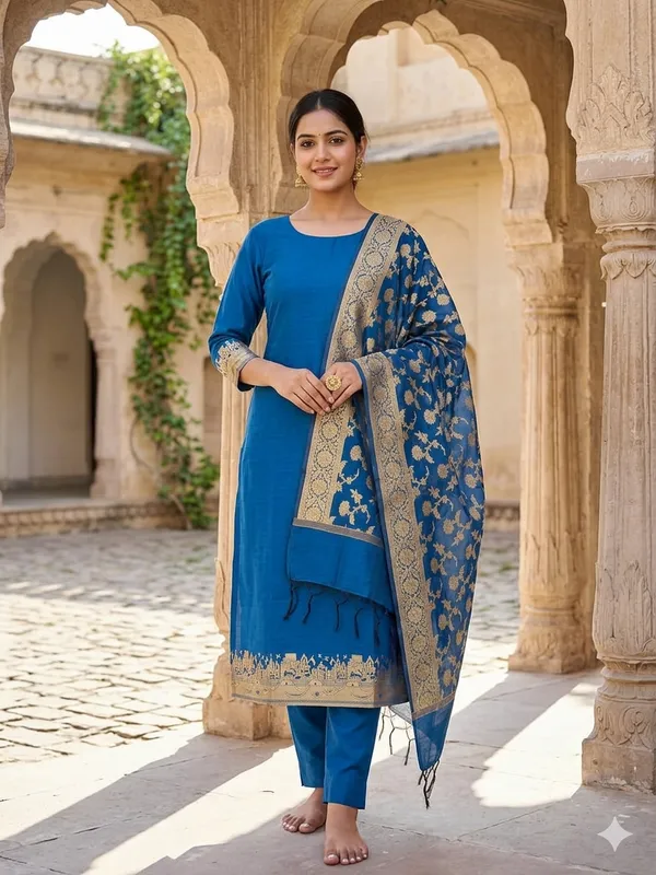 Peacockblue_Banarasi_Unstitched_Suit_Fabric_|_Cotton_Silk_Dress_Material_with_Zari_Weaving