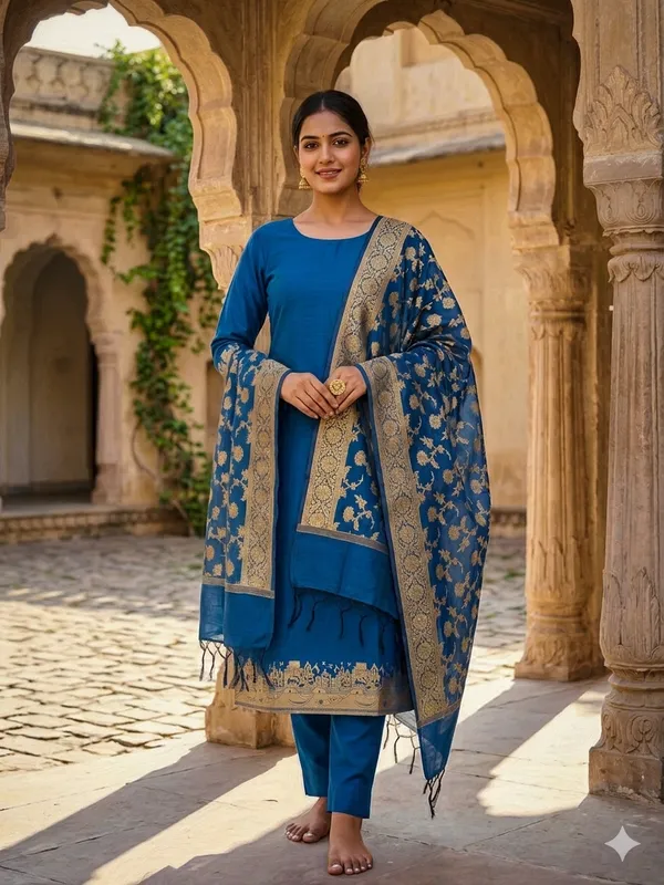 Peacockblue_Banarasi_Unstitched_Suit_Fabric_|_Cotton_Silk_Dress_Material_with_Zari_Weaving