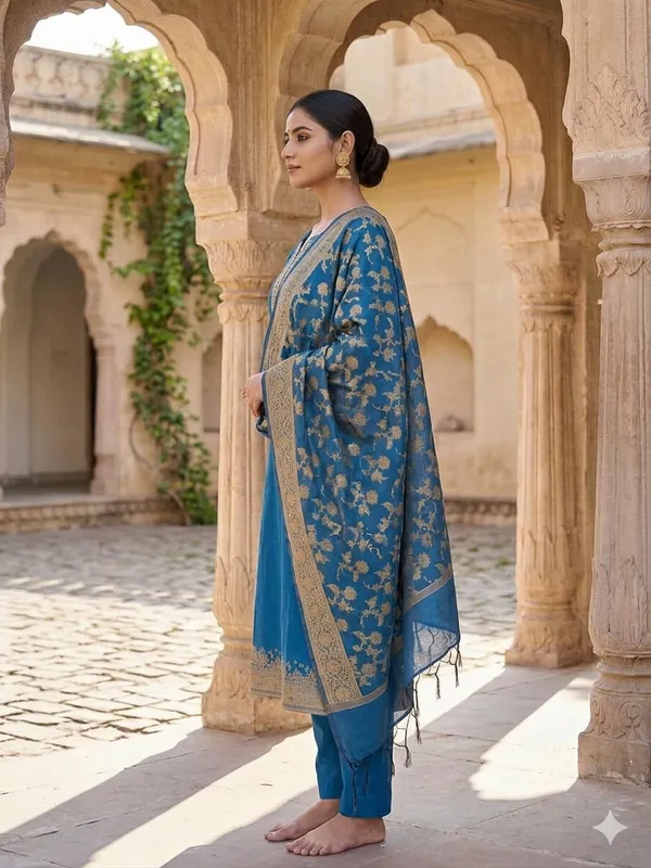 Peacockblue_Banarasi_Unstitched_Suit_Fabric_|_Cotton_Silk_Dress_Material_with_Zari_Weaving
