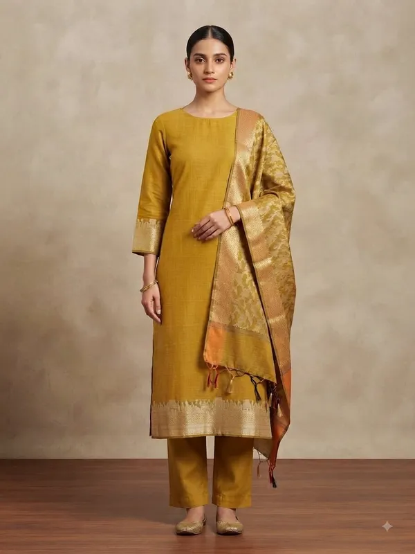 Mustard_Banarasi_Unstitched_Suit_Fabric_|_Cotton_Silk_Dress_Material_with_Zari_Weaving