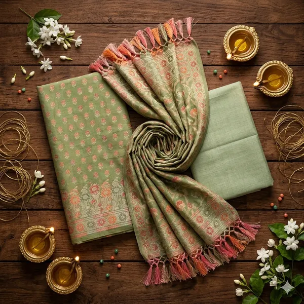 Green_Unstitched_Suit_Fabric_|_Cotton_Silk_Dress_Material_with_Thread_Weaving