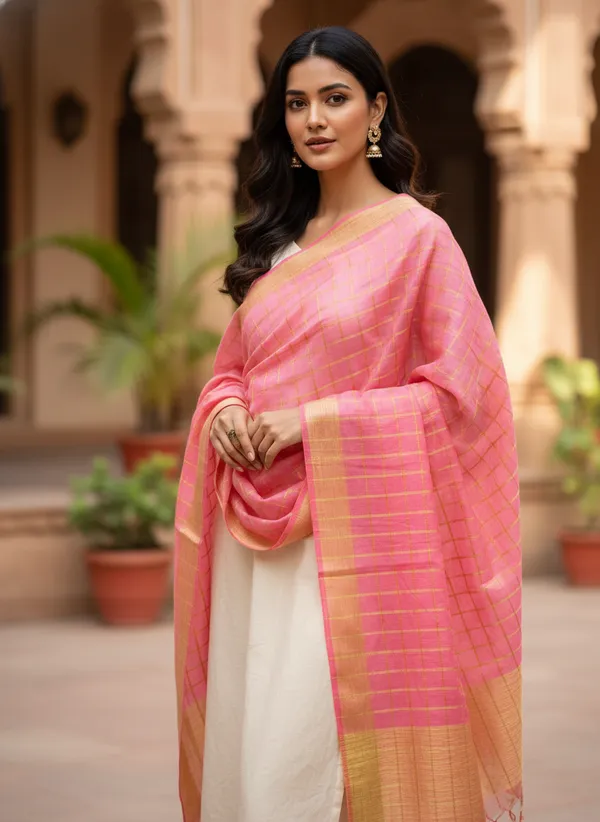 Light_Pink_Banarasi_Thread_Work_Checkered_Dupatta_For_Women